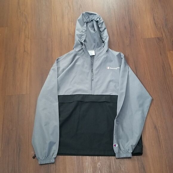 Mens Champion quarter zip pullover windbreaker with hood zip pocket sz Large - Picture 1 of 5